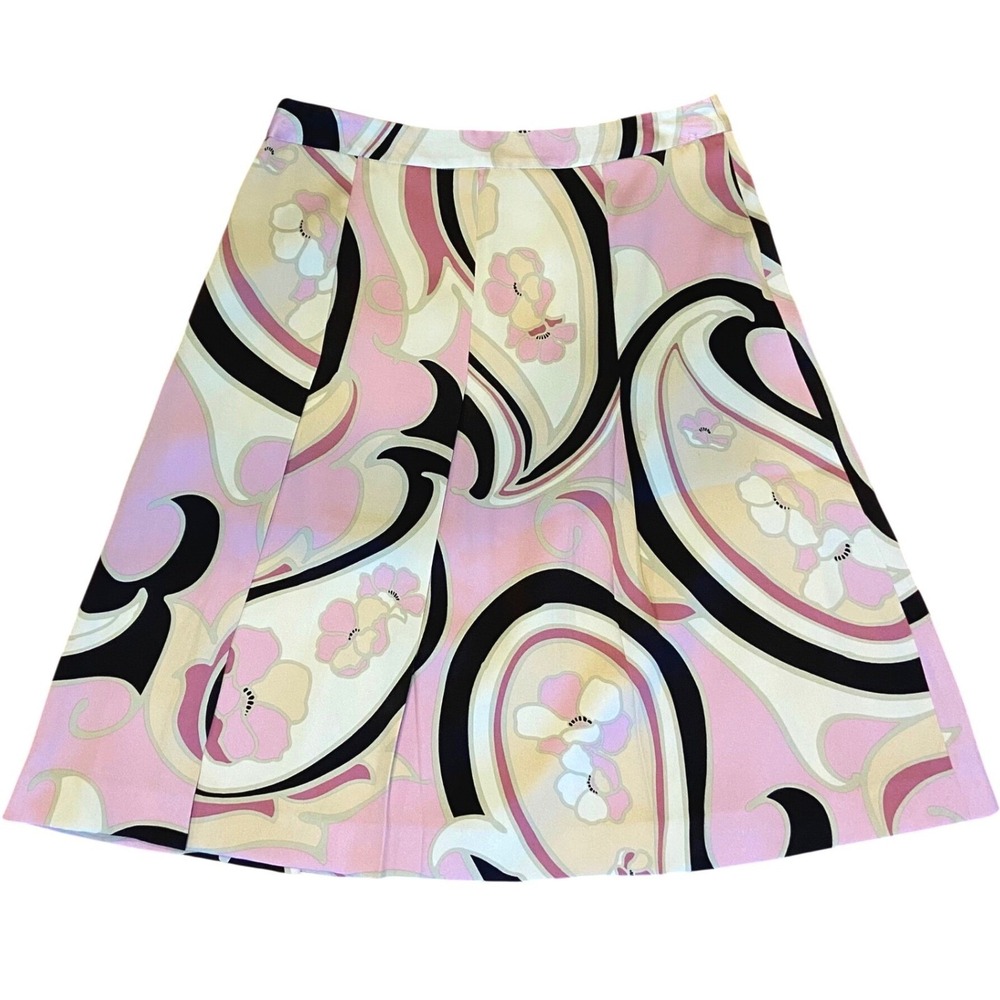 Banana Republic 100% Silk Paisley Floral A Line Skirt Size 0 Pink Black Pleated